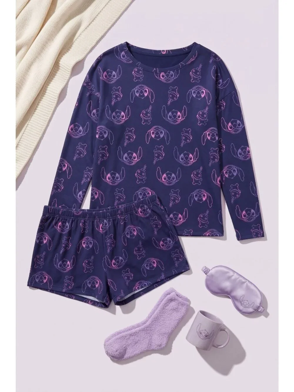 Disney Lilo & Stitch Juniors Pajama Set Long Sleeve Top Shorts Blue NWT Large